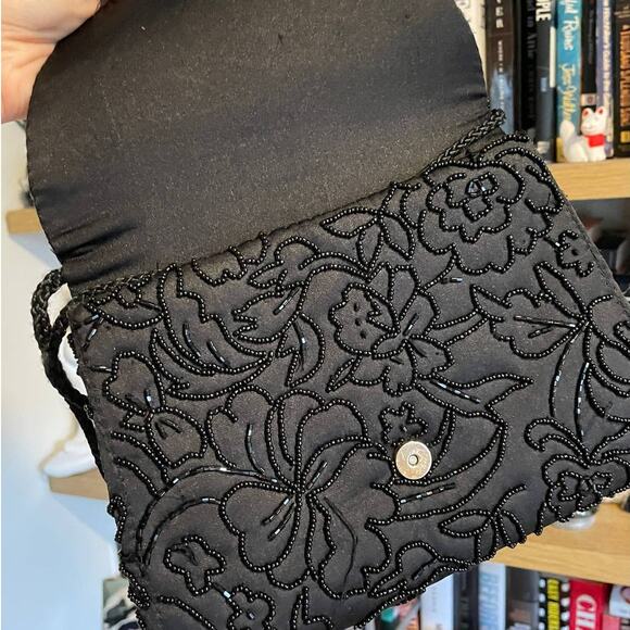 Vintage Valerie Stevens Beaded/Embroidered Floral Black Clutch with Side Strap - Picture 2 of 5